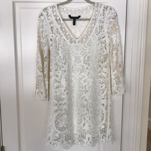 BCBG MAXAZRIA Off-White Lace Dress; Slip Attached.